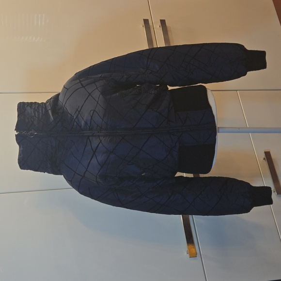 VTG Y2K Baby Phat Quilted Faux Fur Hoodie Bomber Jacket Blue Black Sz Large - Picture 9 of 16